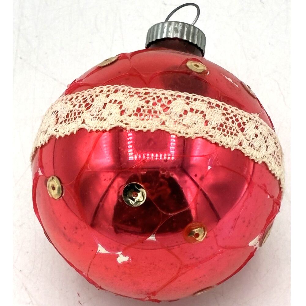 Vintage Shiny Brite Red Glass Ornament Hand Decorated Lace Sequin